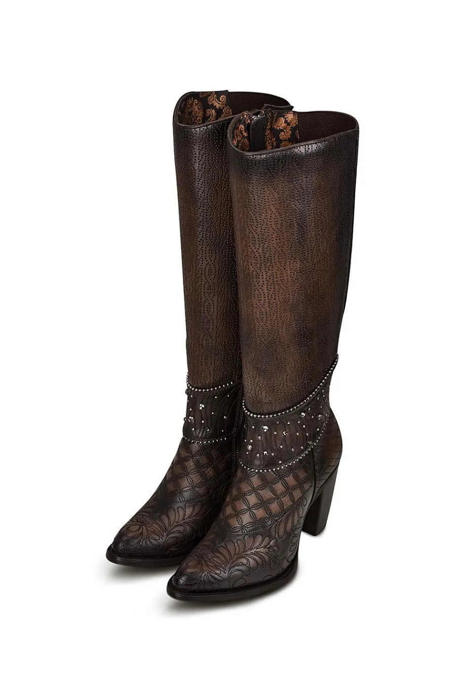 Cuadra Embroidered Dark Brown Leather Boots with Austrian crystals 3F80RS