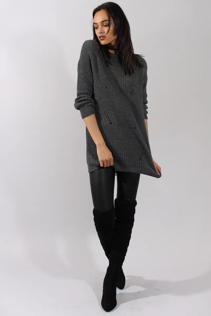 Dark Grey Knitted Distressed Back Jumper Dress - Cara