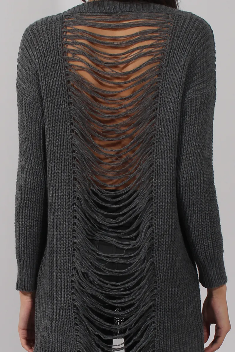 Dark Grey Knitted Distressed Back Jumper Dress - Cara
