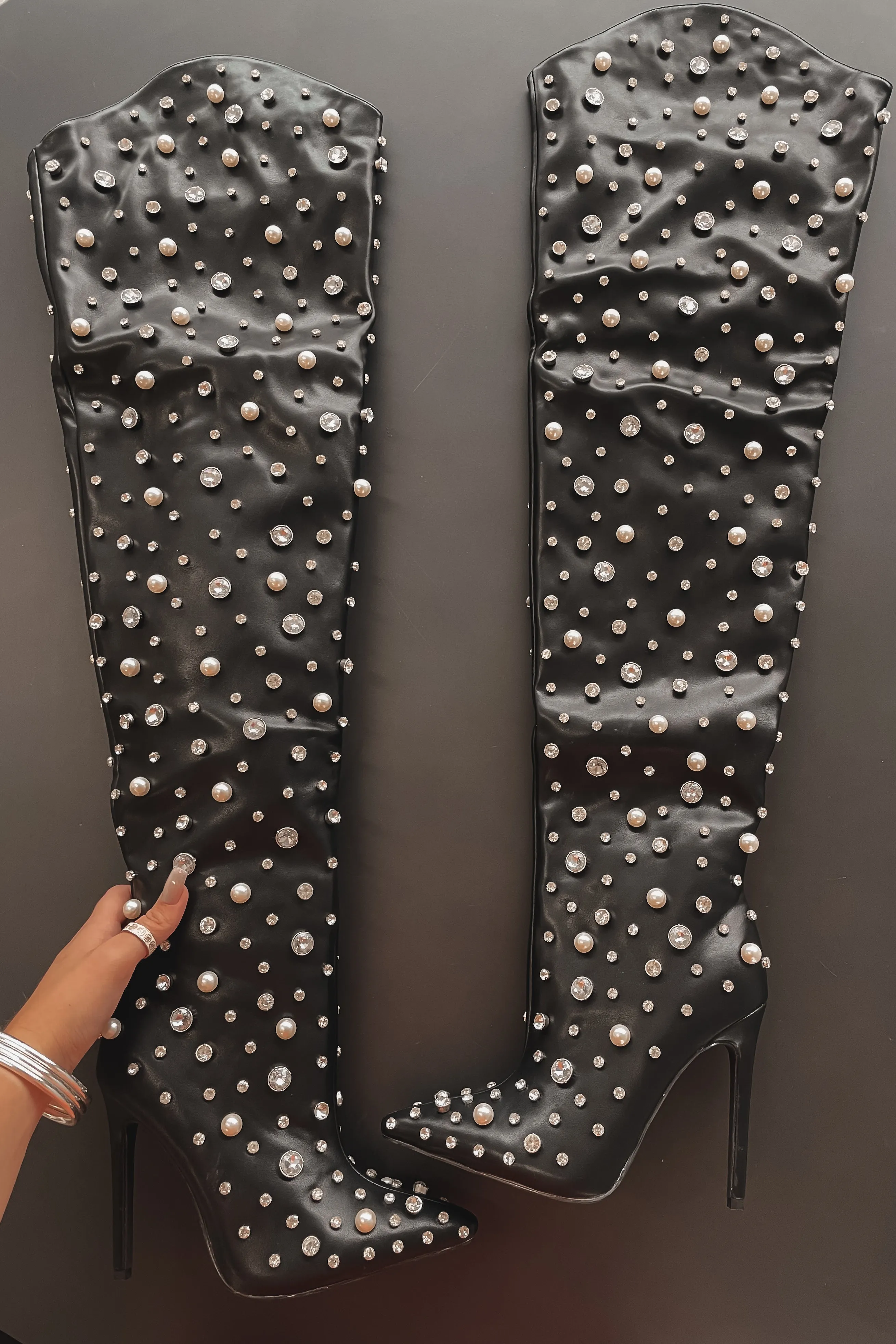 DEAL Oh That Look Is Baddd Black Thigh High Rhinestone Pearl Studded Boots