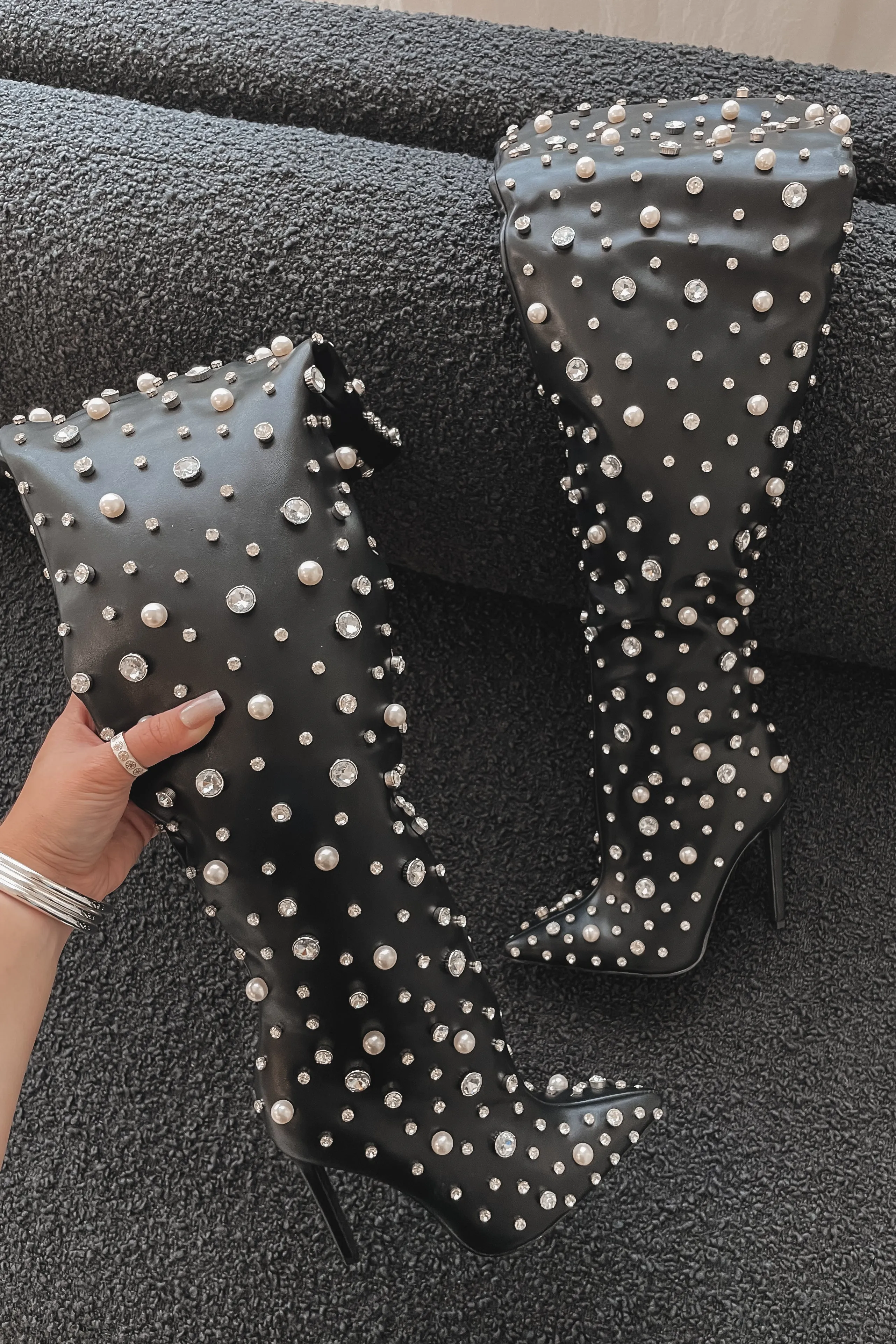 DEAL Oh That Look Is Baddd Black Thigh High Rhinestone Pearl Studded Boots