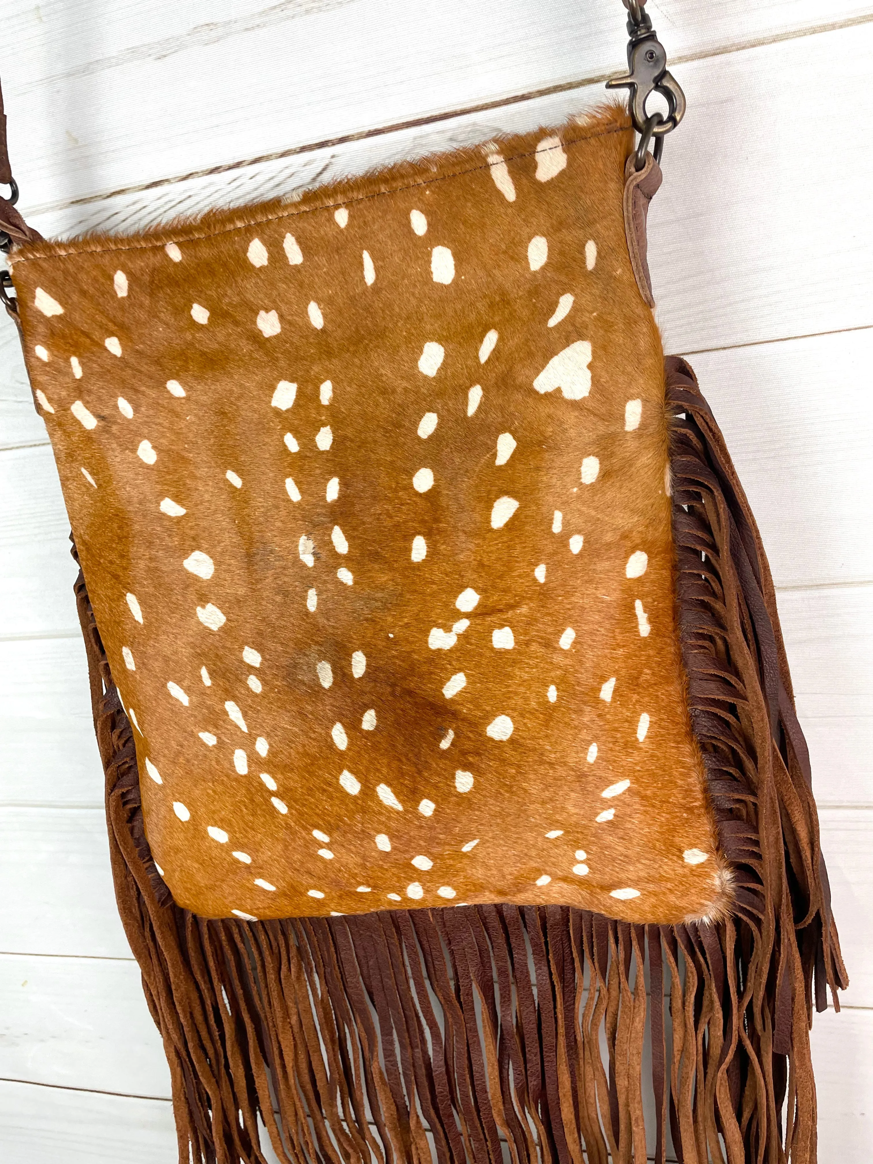 Deer Print on Cowhide Crossbody Fringe Bag