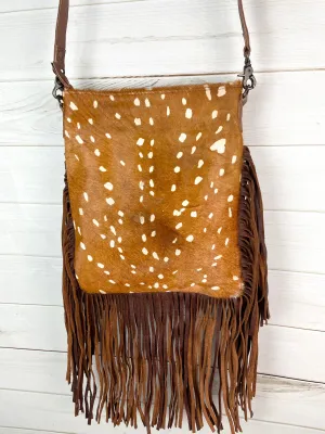 Deer Print on Cowhide Crossbody Fringe Bag