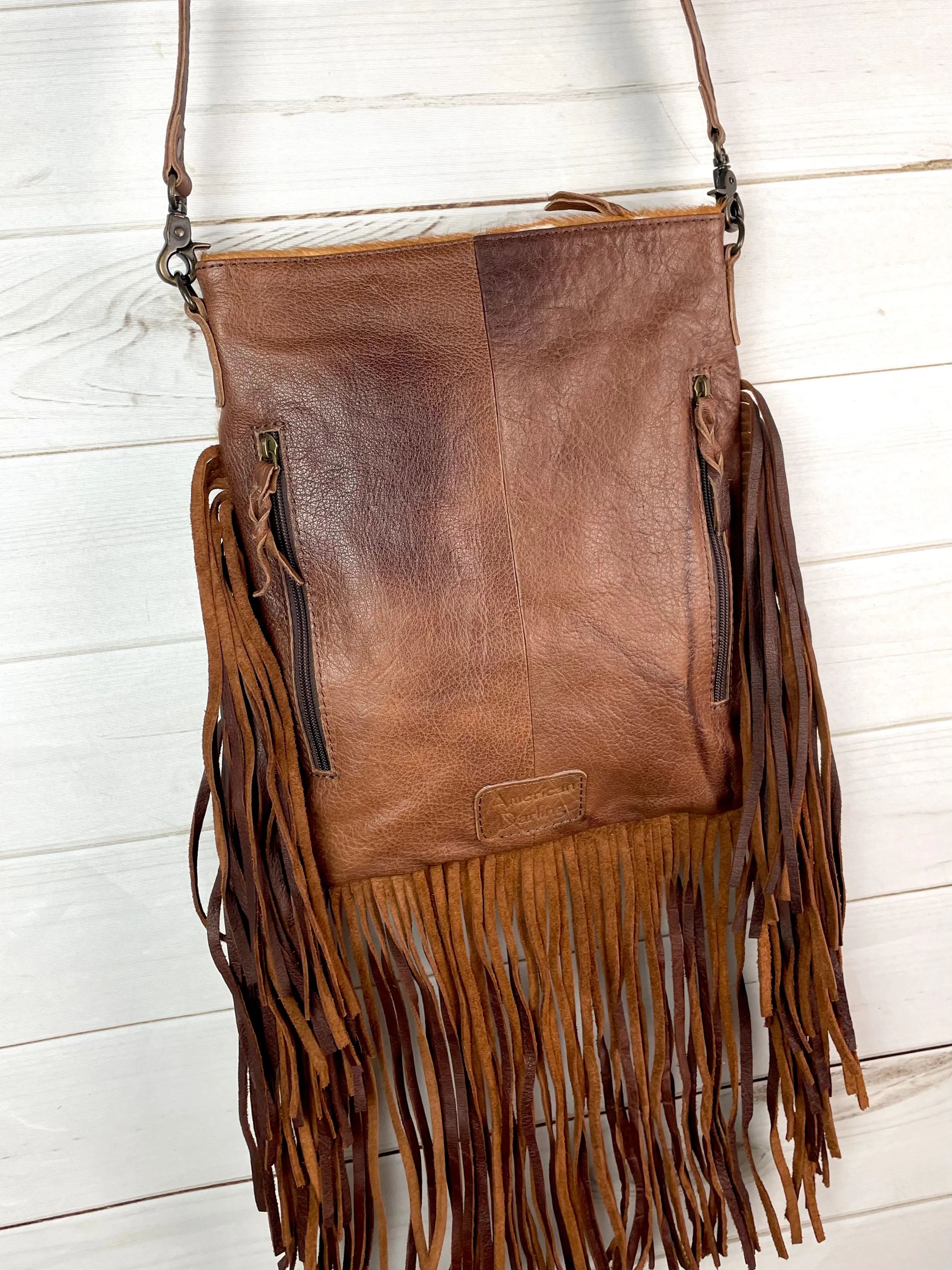 Deer Print on Cowhide Crossbody Fringe Bag