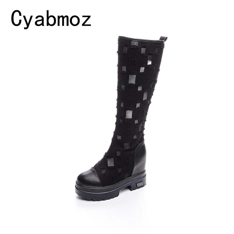 denim boots for women height increasing 10 cm mid-calf boots open toe hollow denim summer long boots comfortable ladies shoes
