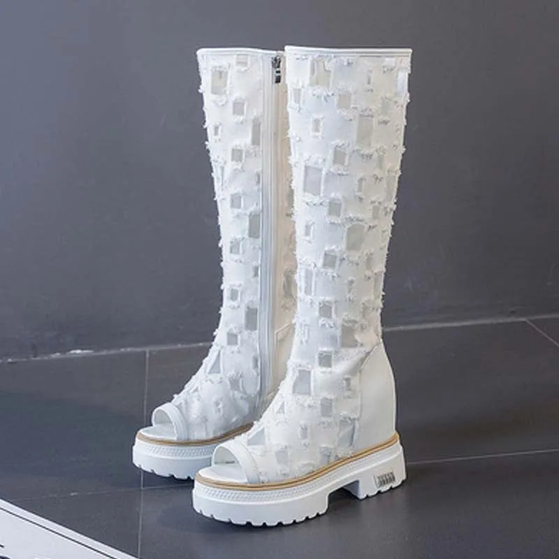 denim boots for women height increasing 10 cm mid-calf boots open toe hollow denim summer long boots comfortable ladies shoes