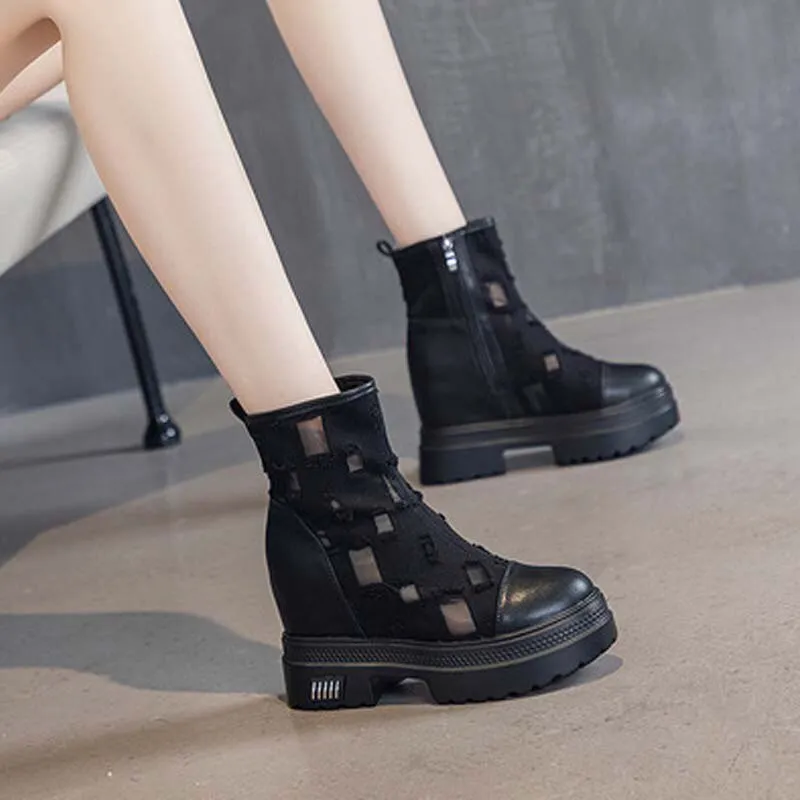 denim boots for women height increasing 10 cm mid-calf boots open toe hollow denim summer long boots comfortable ladies shoes