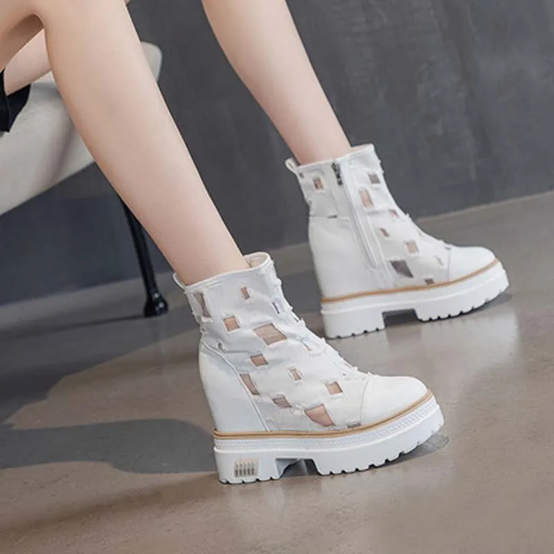 denim boots for women height increasing 10 cm mid-calf boots open toe hollow denim summer long boots comfortable ladies shoes