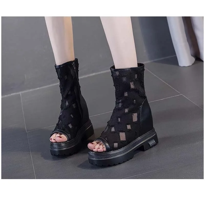 denim boots for women height increasing 10 cm mid-calf boots open toe hollow denim summer long boots comfortable ladies shoes