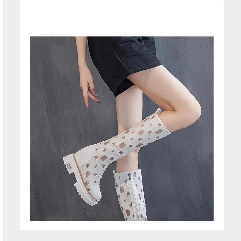 denim boots for women height increasing 10 cm mid-calf boots open toe hollow denim summer long boots comfortable ladies shoes