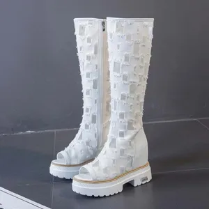 denim boots for women height increasing 10 cm mid-calf boots open toe hollow denim summer long boots comfortable ladies shoes