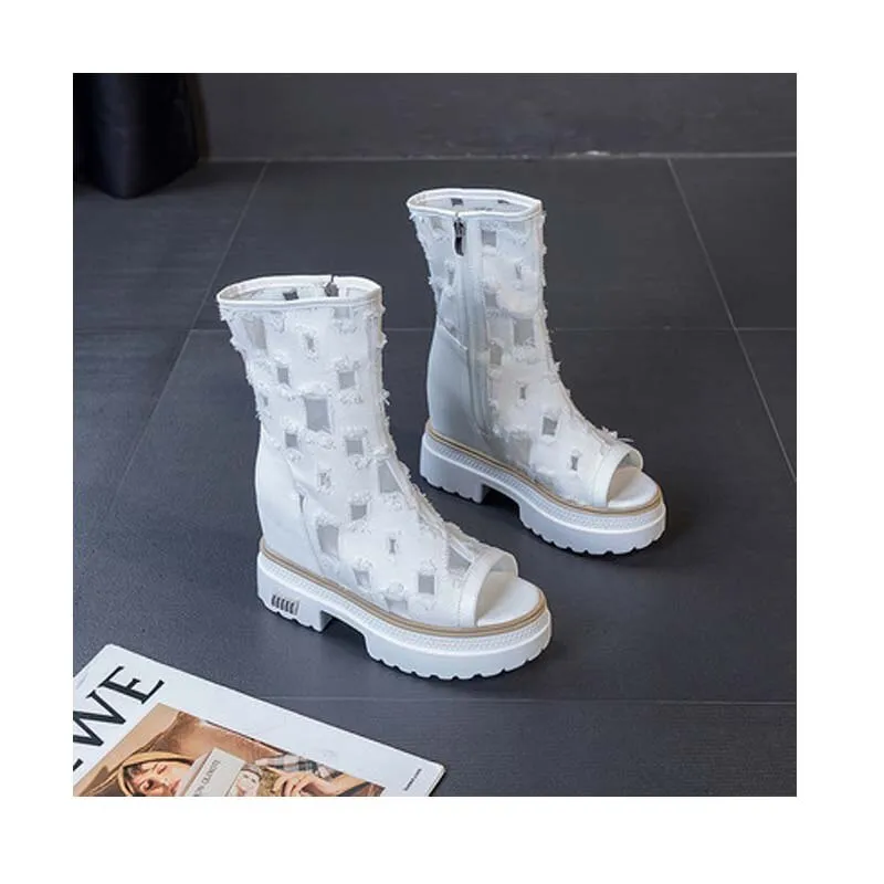 denim boots for women height increasing 10 cm mid-calf boots open toe hollow denim summer long boots comfortable ladies shoes