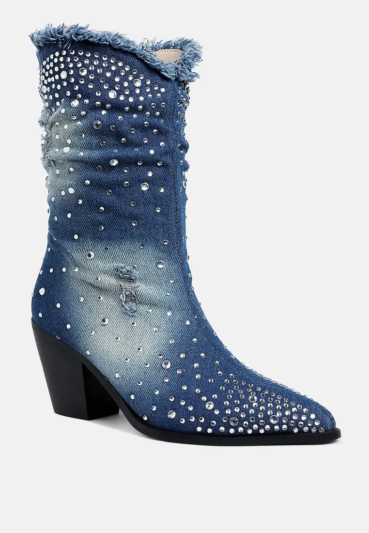 Diamante & Rhinestones Denim Boots By RAG