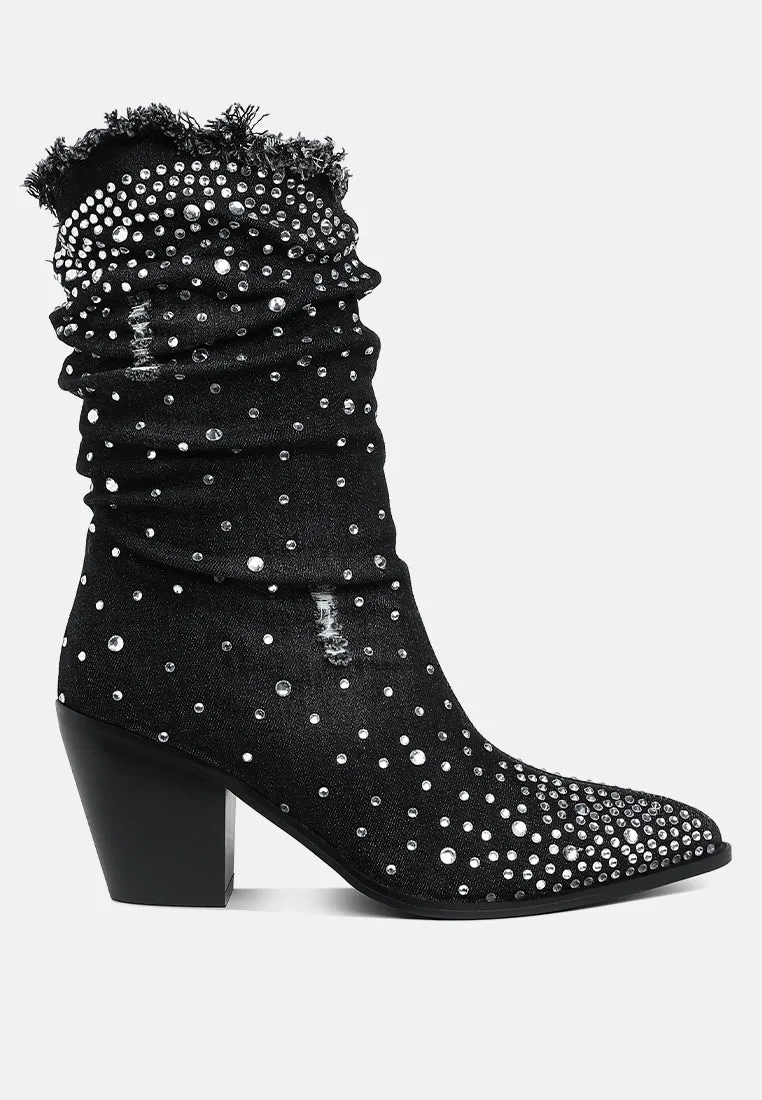 Diamante & Rhinestones Denim Boots By RAG