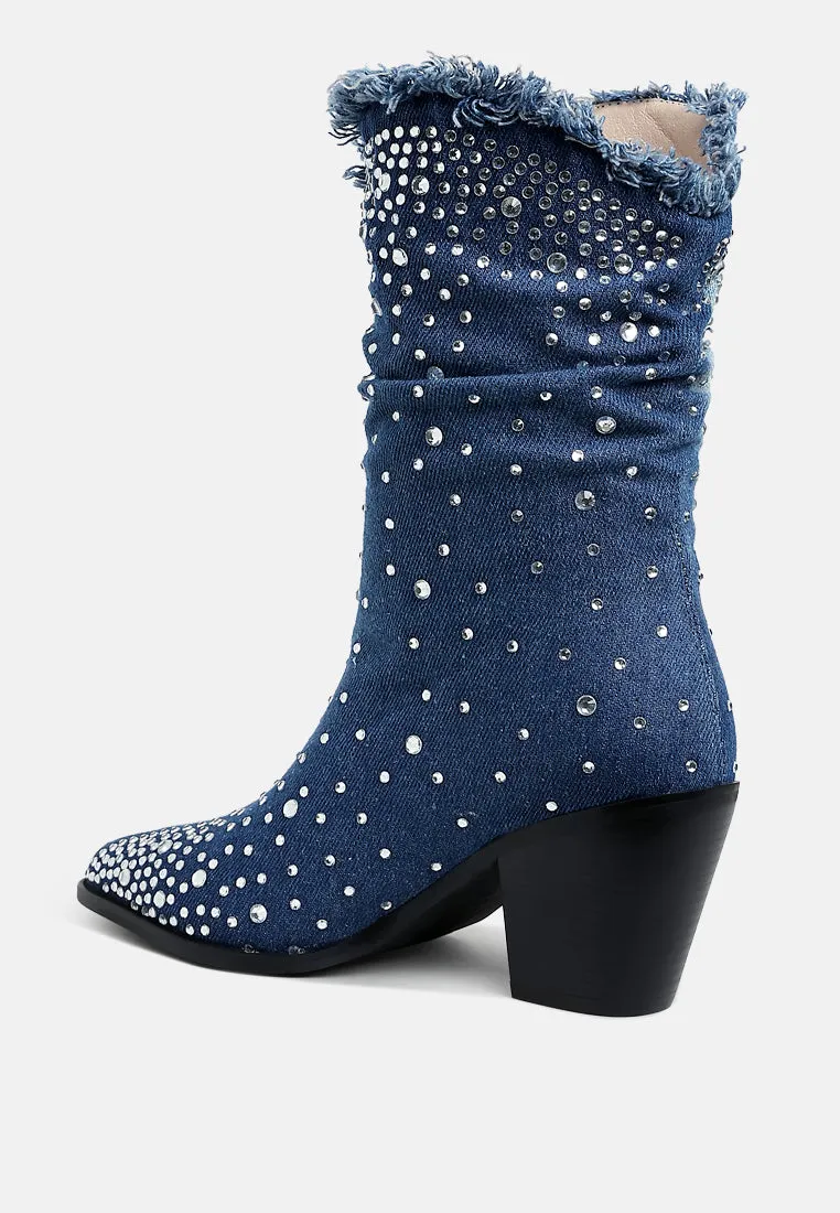 Diamante & Rhinestones Denim Boots By RAG
