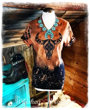 Distressed Aztec Steer Skull Tee