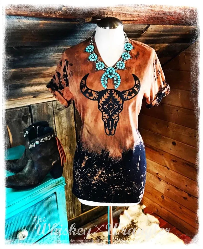 Distressed Aztec Steer Skull Tee