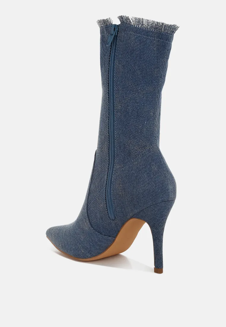 Distressed Denim Mid-Calf Boots By RUW