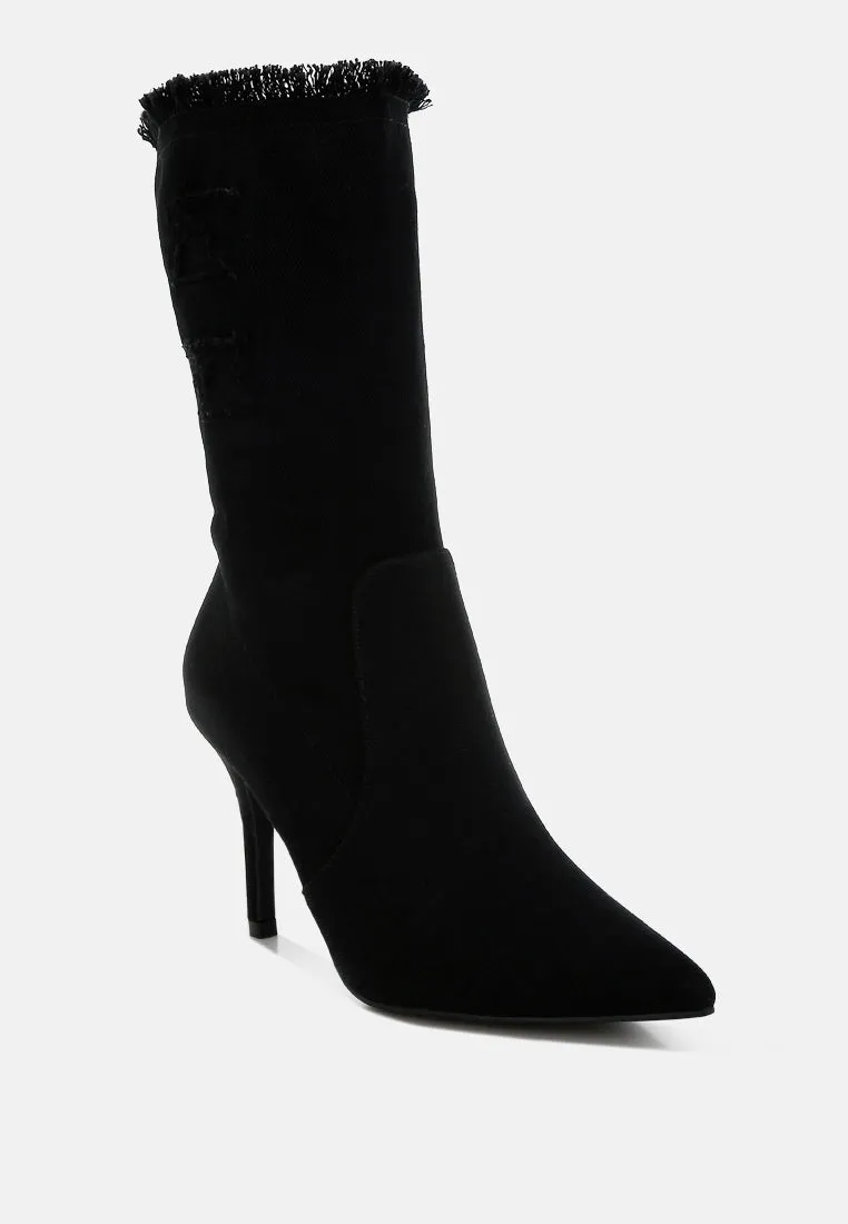 Distressed Denim Mid-Calf Boots By RUW