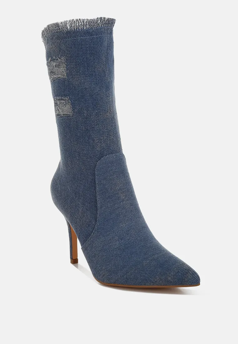 Distressed Denim Mid-Calf Boots By RUW