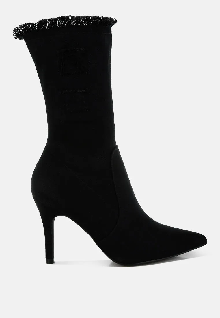 Distressed Denim Mid-Calf Boots By RUW