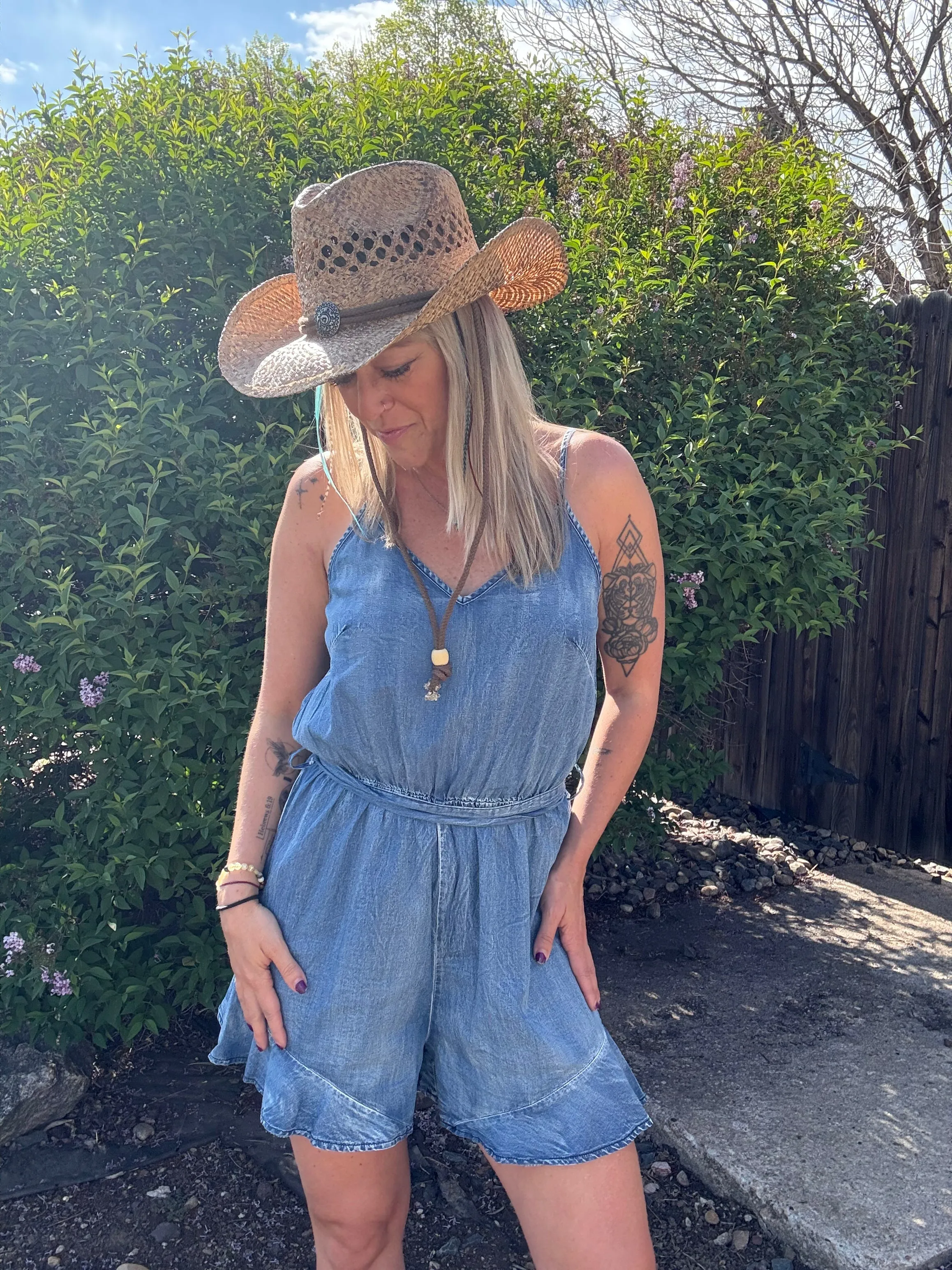 Distressed Suspender Romper