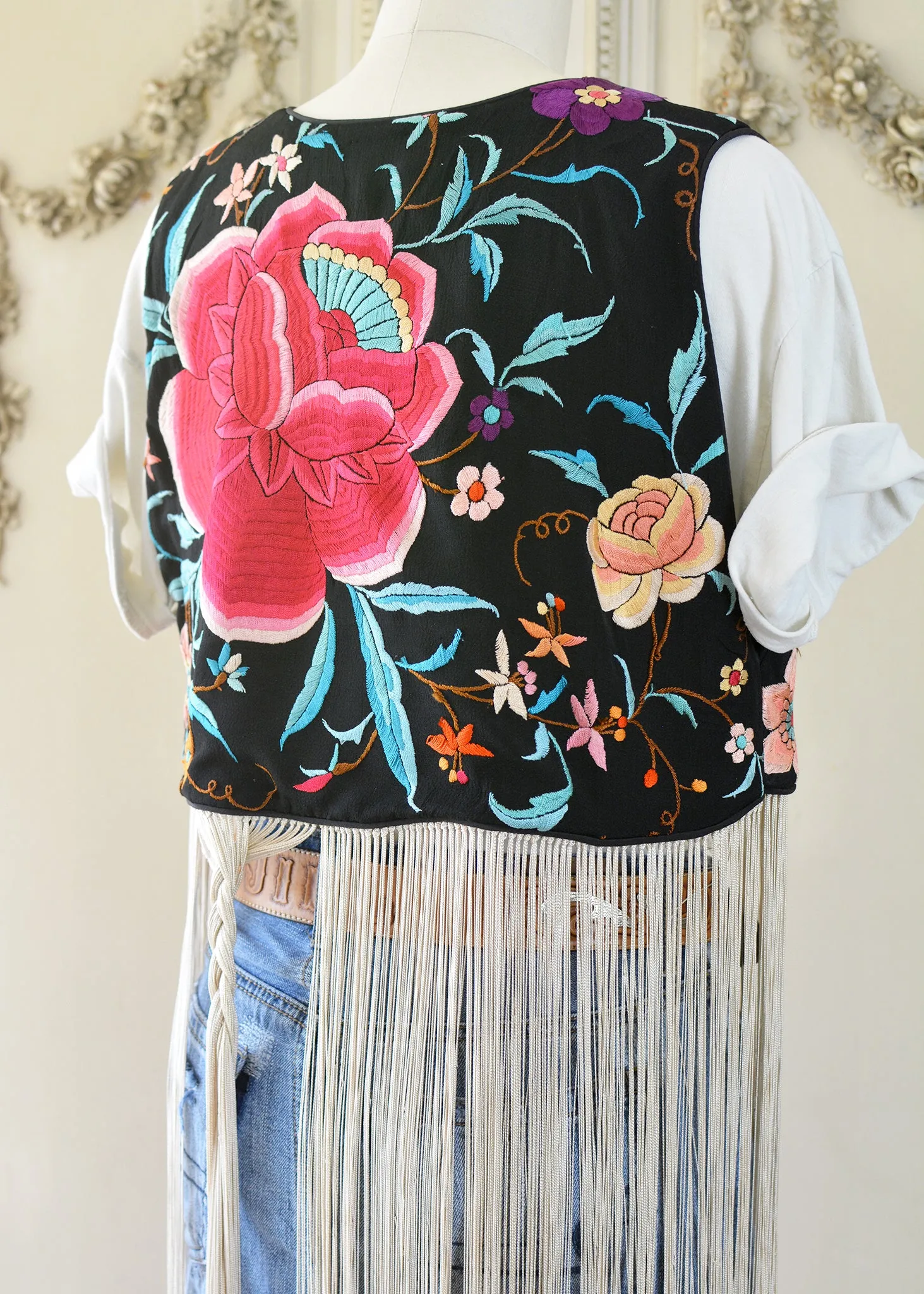 Effie Hand Embroidered Antique Silk Bolero Vest with Opulent Silk Fringes