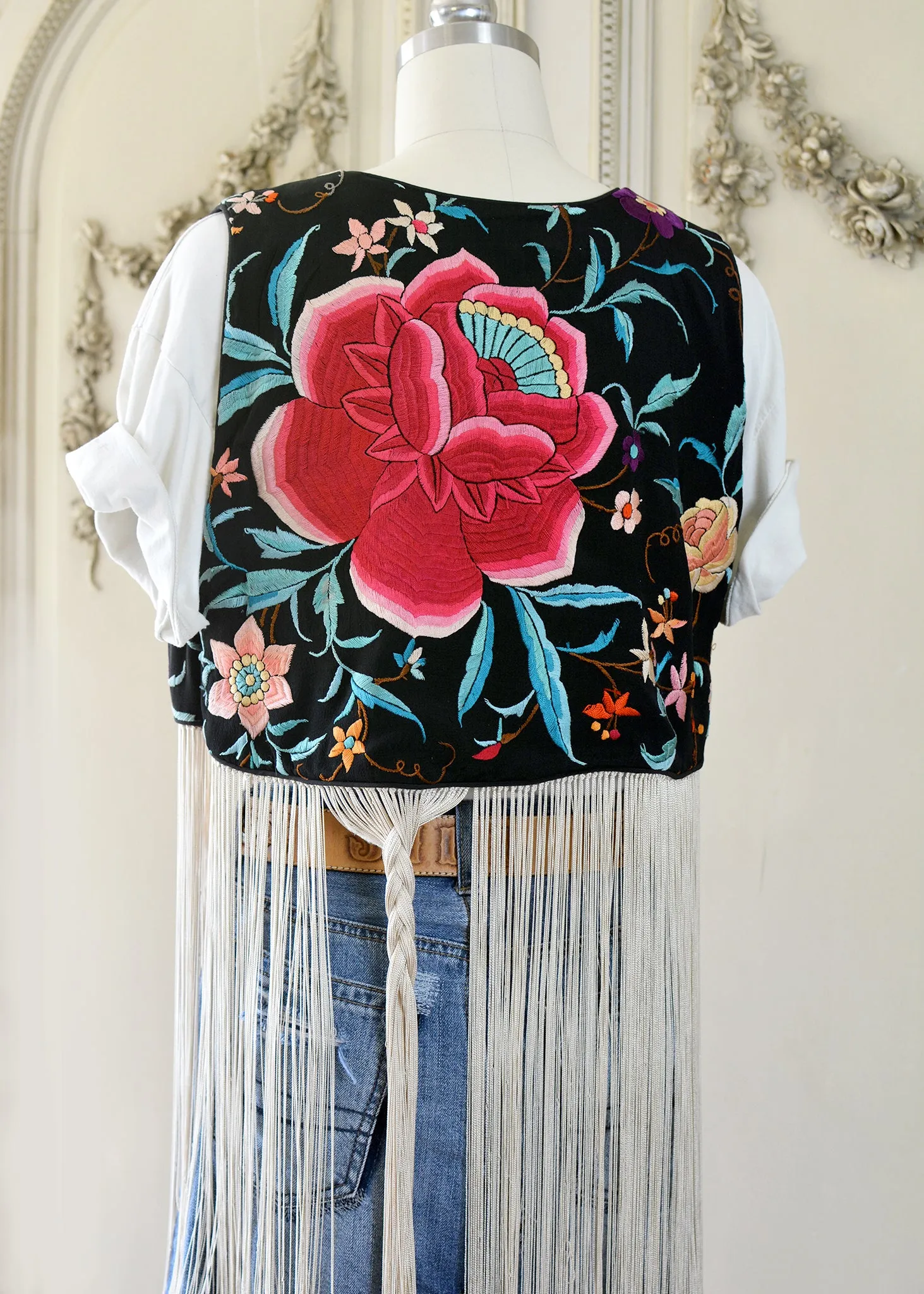 Effie Hand Embroidered Antique Silk Bolero Vest with Opulent Silk Fringes