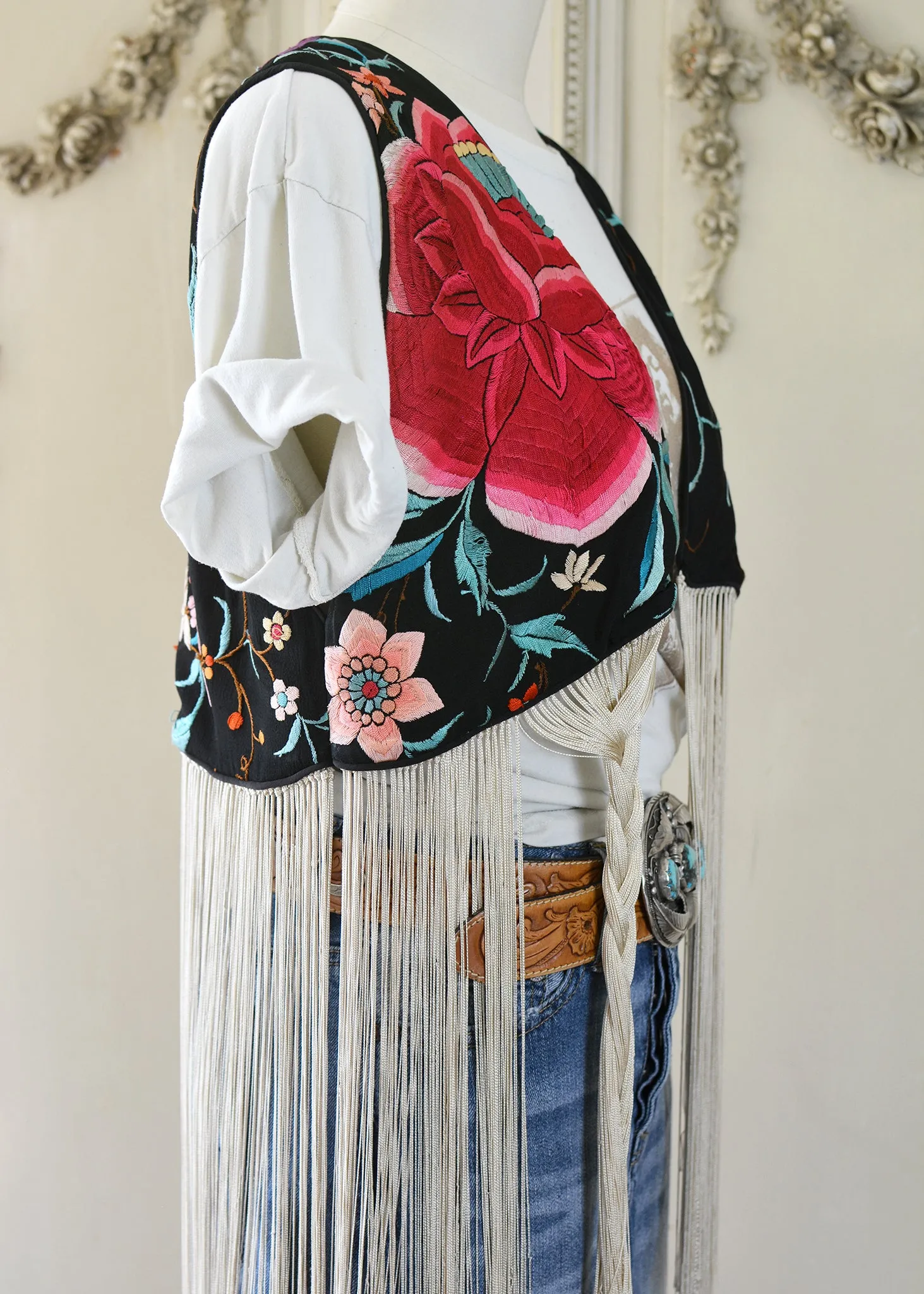 Effie Hand Embroidered Antique Silk Bolero Vest with Opulent Silk Fringes