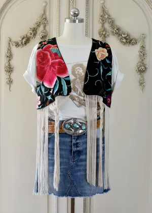Effie Hand Embroidered Antique Silk Bolero Vest with Opulent Silk Fringes