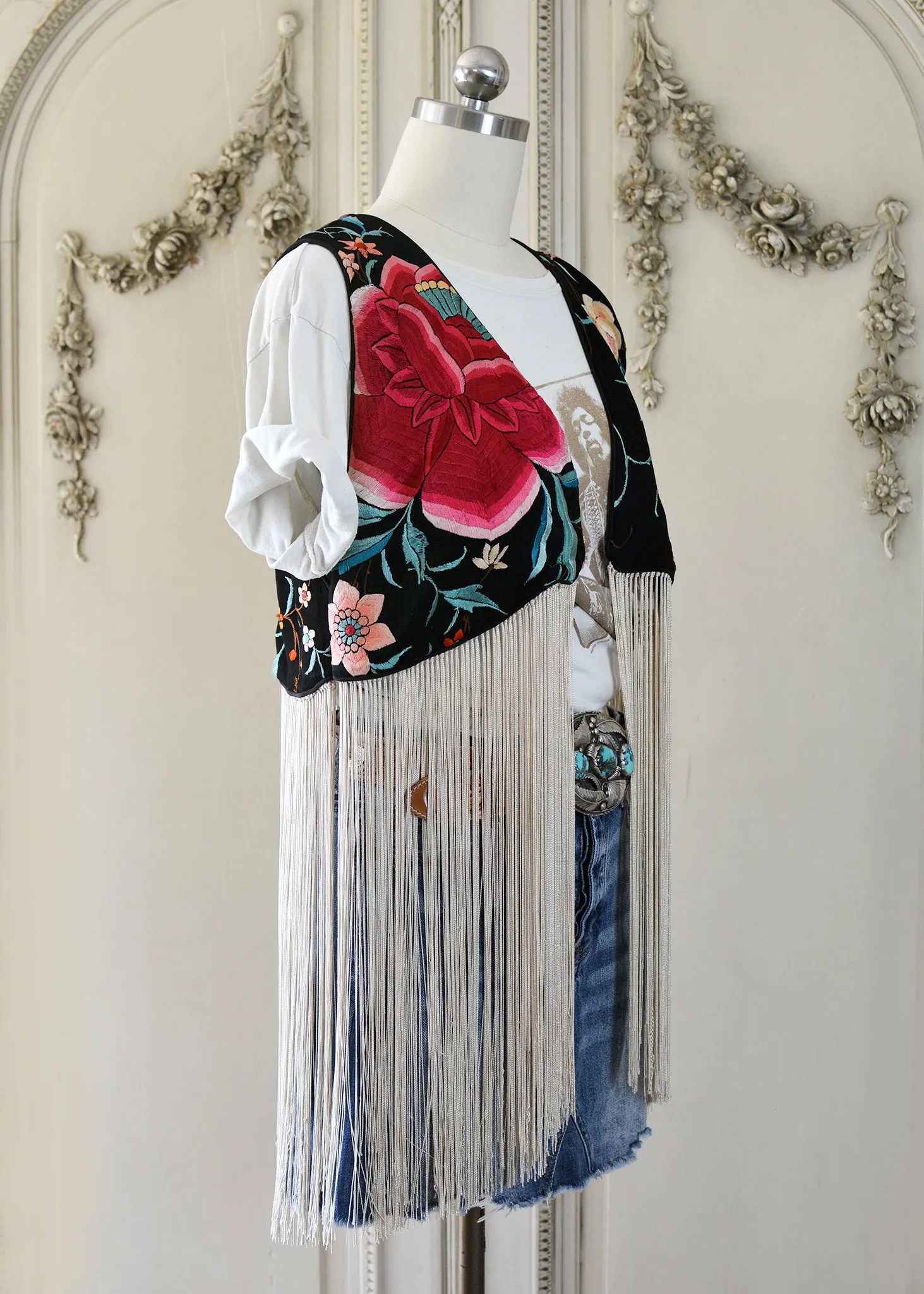 Effie Hand Embroidered Antique Silk Bolero Vest with Opulent Silk Fringes