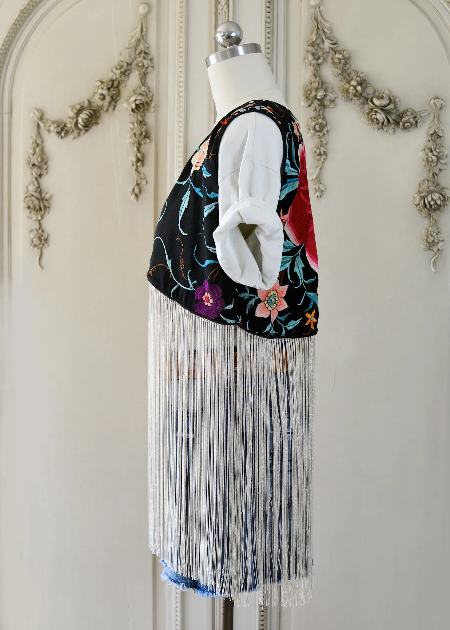 Effie Hand Embroidered Antique Silk Bolero Vest with Opulent Silk Fringes