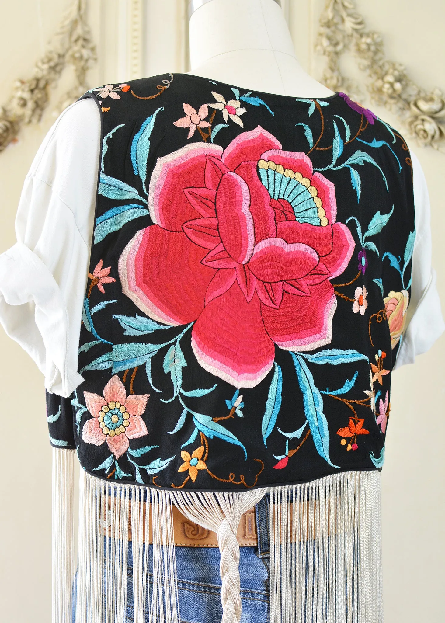 Effie Hand Embroidered Antique Silk Bolero Vest with Opulent Silk Fringes