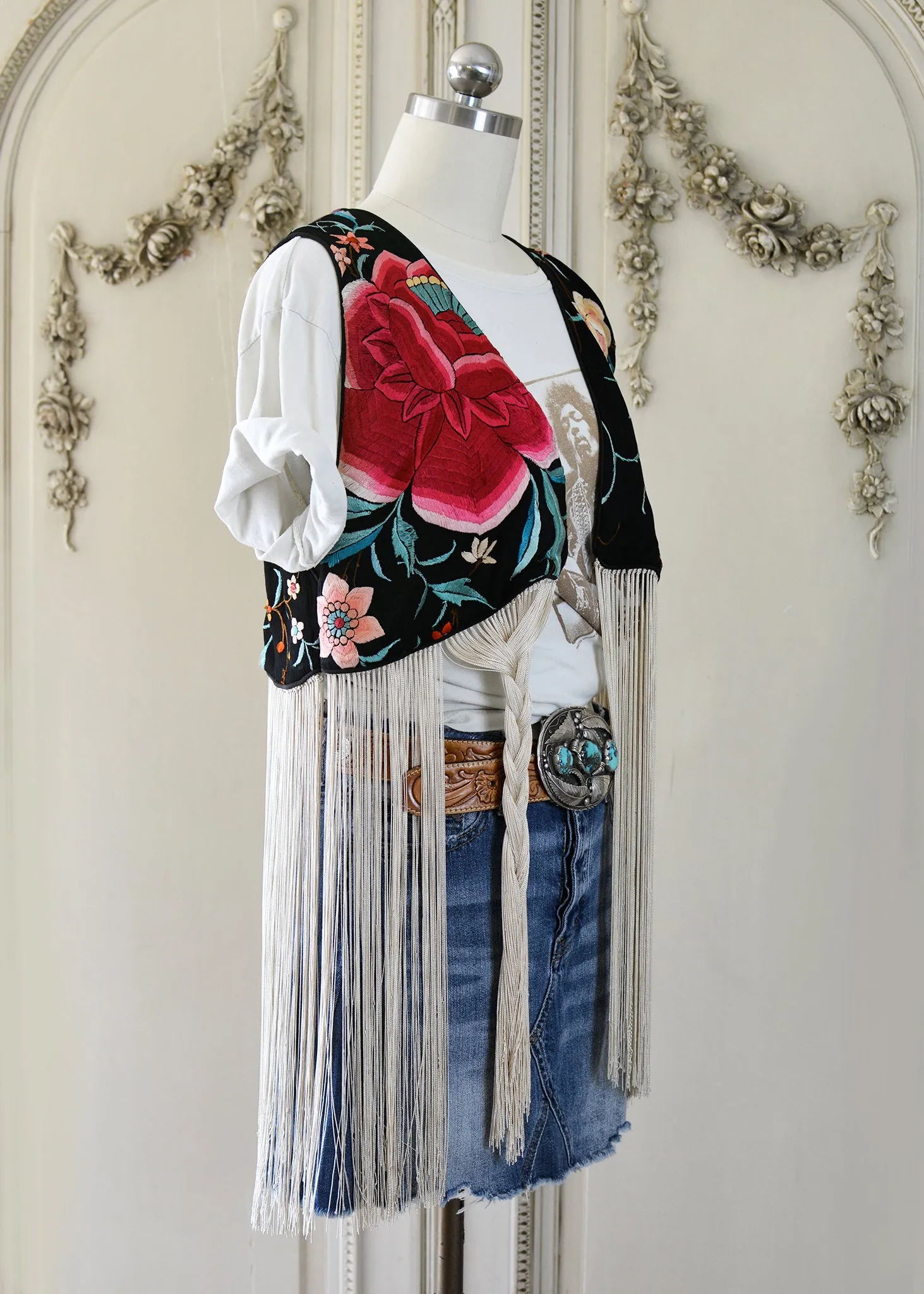 Effie Hand Embroidered Antique Silk Bolero Vest with Opulent Silk Fringes