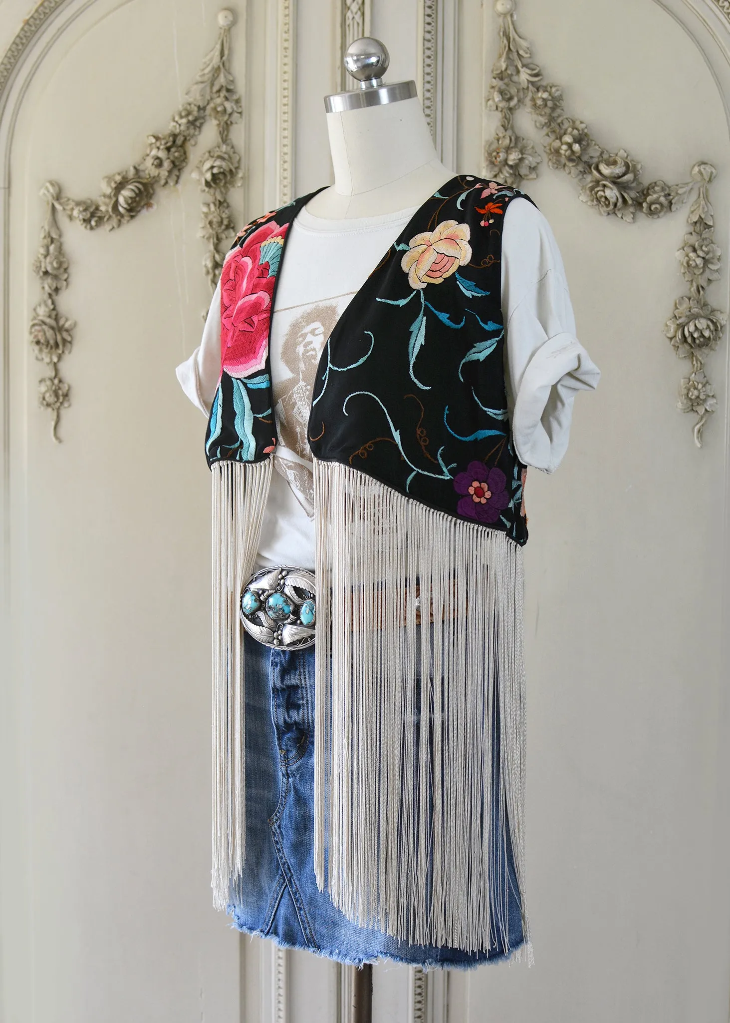 Effie Hand Embroidered Antique Silk Bolero Vest with Opulent Silk Fringes