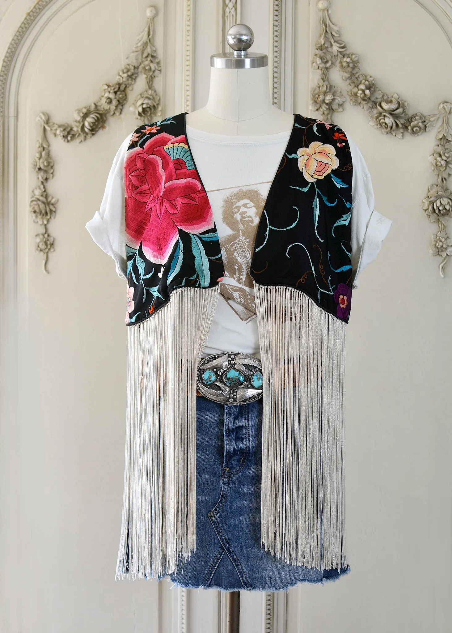 Effie Hand Embroidered Antique Silk Bolero Vest with Opulent Silk Fringes