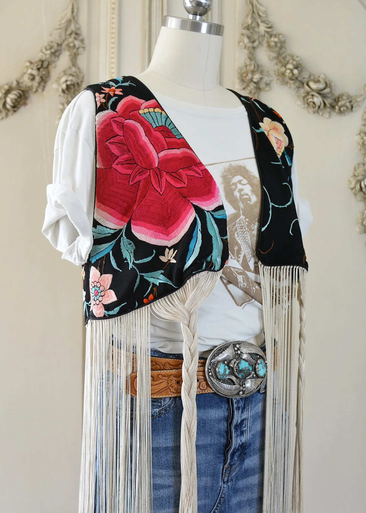 Effie Hand Embroidered Antique Silk Bolero Vest with Opulent Silk Fringes