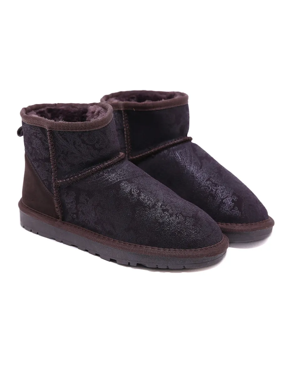 Embroidered Faux Fur-Lined Leather Suede Boot