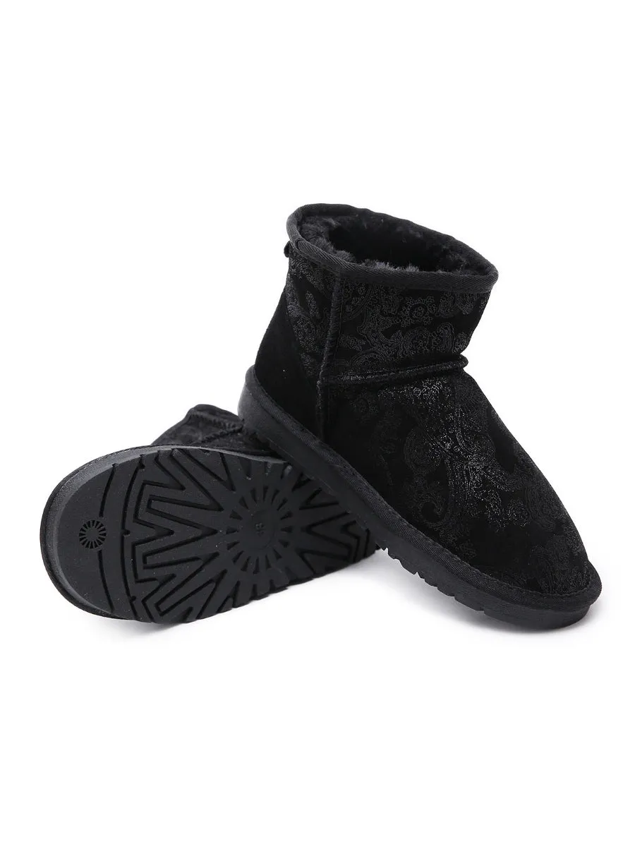 Embroidered Faux Fur-Lined Leather Suede Boot