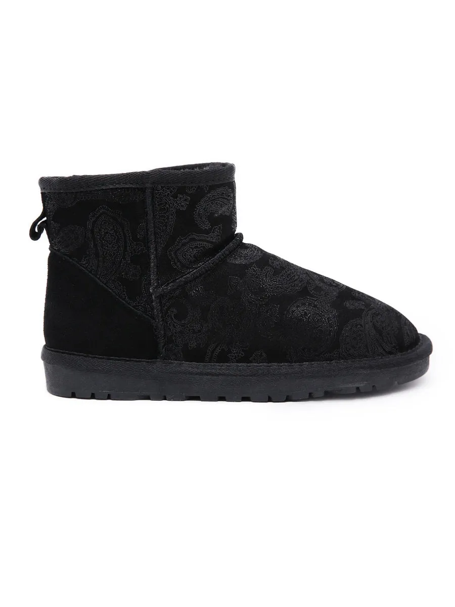 Embroidered Faux Fur-Lined Leather Suede Boot