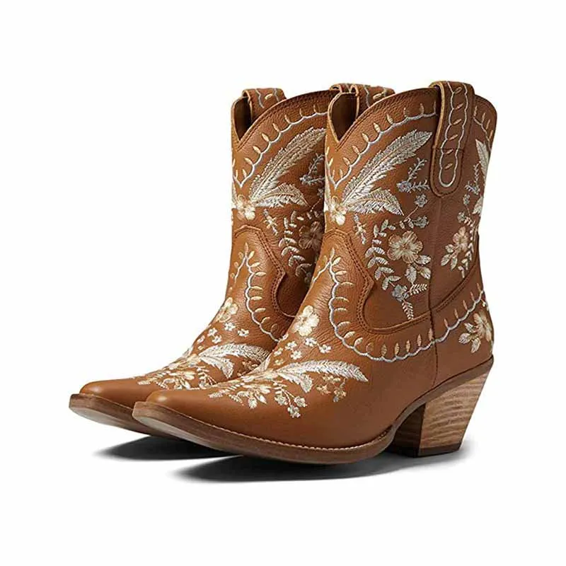 Embroidered Western Mid-calf Boots Walking Boots