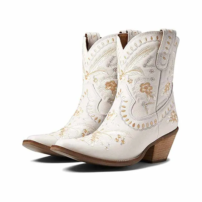 Embroidered Western Mid-calf Boots Walking Boots