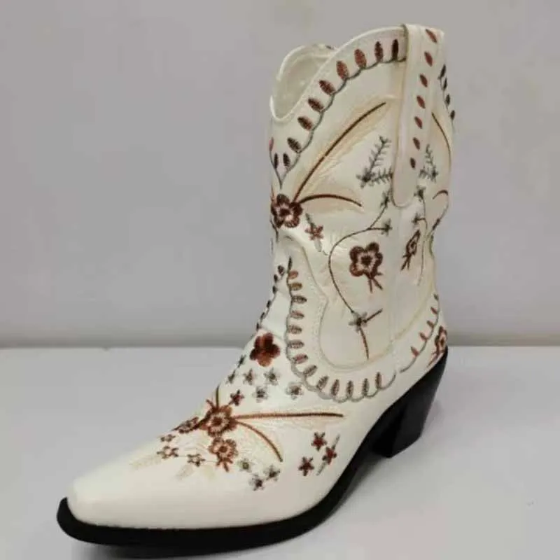 Embroidered Western Mid-calf Boots Walking Boots