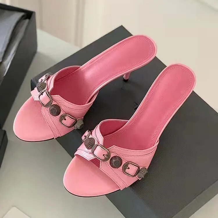 Fashion Rivets Leather Stiletto Heel Slippers