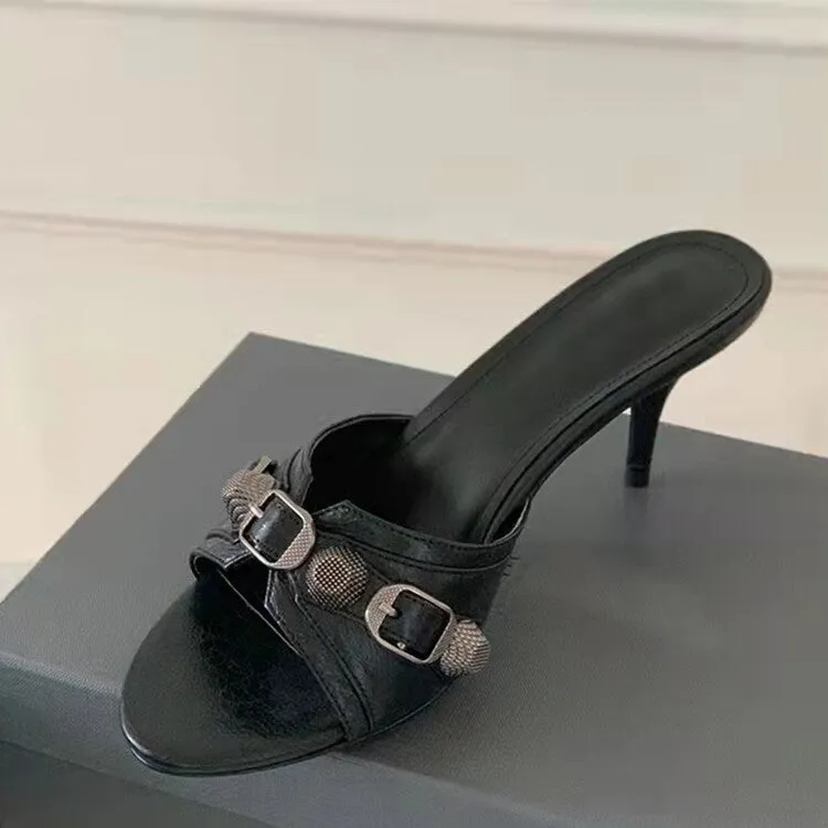 Fashion Rivets Leather Stiletto Heel Slippers