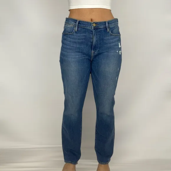 FRAME Le High Straight Leg High Rise Medium Wash Distressed Western Boho Denim