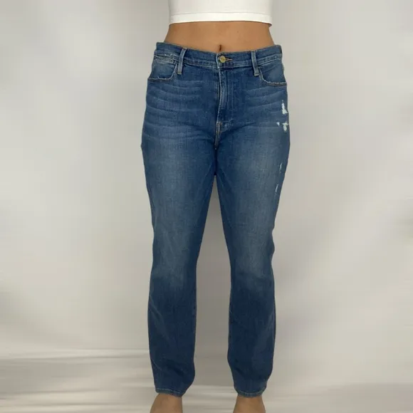 FRAME Le High Straight Leg High Rise Medium Wash Distressed Western Boho Denim