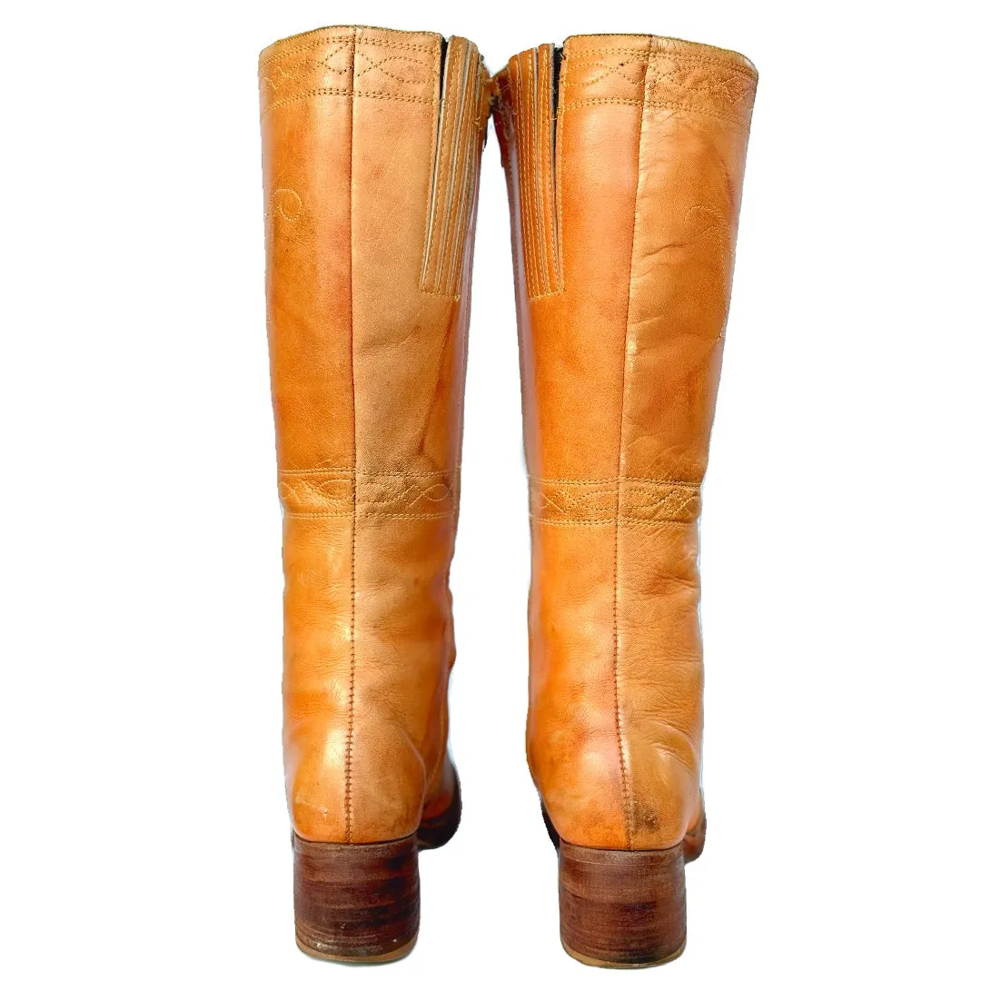 FRYE Vintage Banana Sunrise Black Label Stitching Horse Tall Knee High Zip Boots