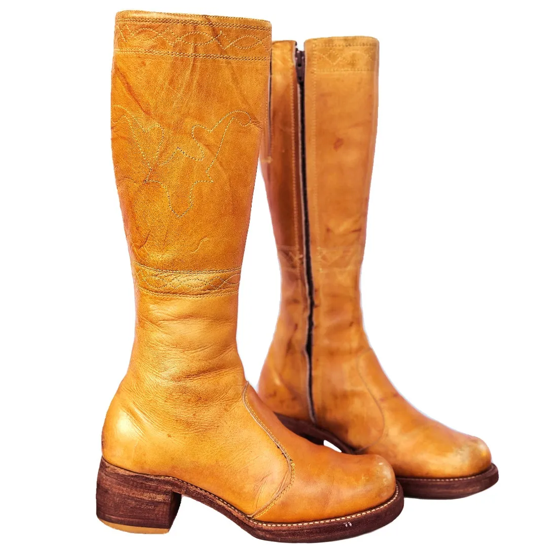 FRYE Vintage Banana Sunrise Black Label Stitching Horse Tall Knee High Zip Boots