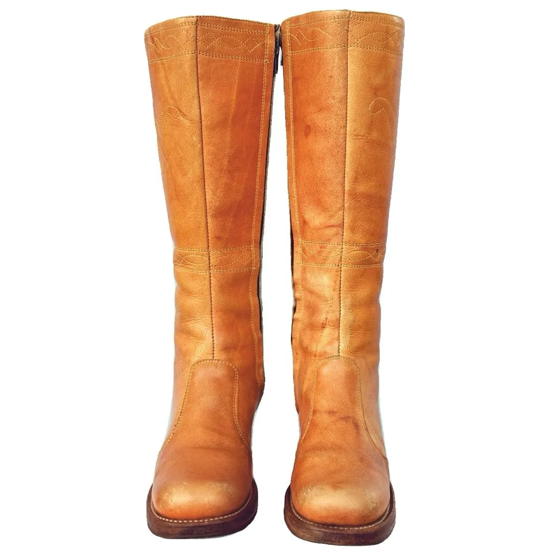 FRYE Vintage Banana Sunrise Black Label Stitching Horse Tall Knee High Zip Boots